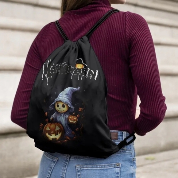 Pumpkin Ghost ✦ Drawstring Backpack ✦ Black Rope Bag w/ Spooky Graphics NWT - Picture 1 of 10